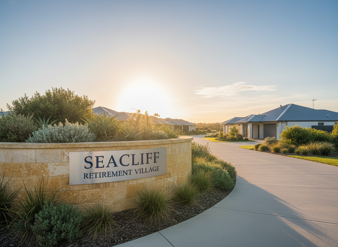 An elegant coastal retirement village entrance sign crafted from brushed stainless steel with the name “Seacliff Retirement Village” etched in deep navy blue lettering, mounted on a low sandstone wall. Behind it, manicured native coastal shrubs, silver-greens and soft grasses border a smooth, light concrete driveway that gently curves toward modern, single-story villas with pale render and dark slate roofs. Late afternoon natural light creates a warm, golden glow, casting soft shadows along the path. Photographic realism at eye level, with a slight wide-angle composition and sharp focus throughout, capturing a calm, professional, welcoming atmosphere suitable for a premium retirement living homepage hero image.
