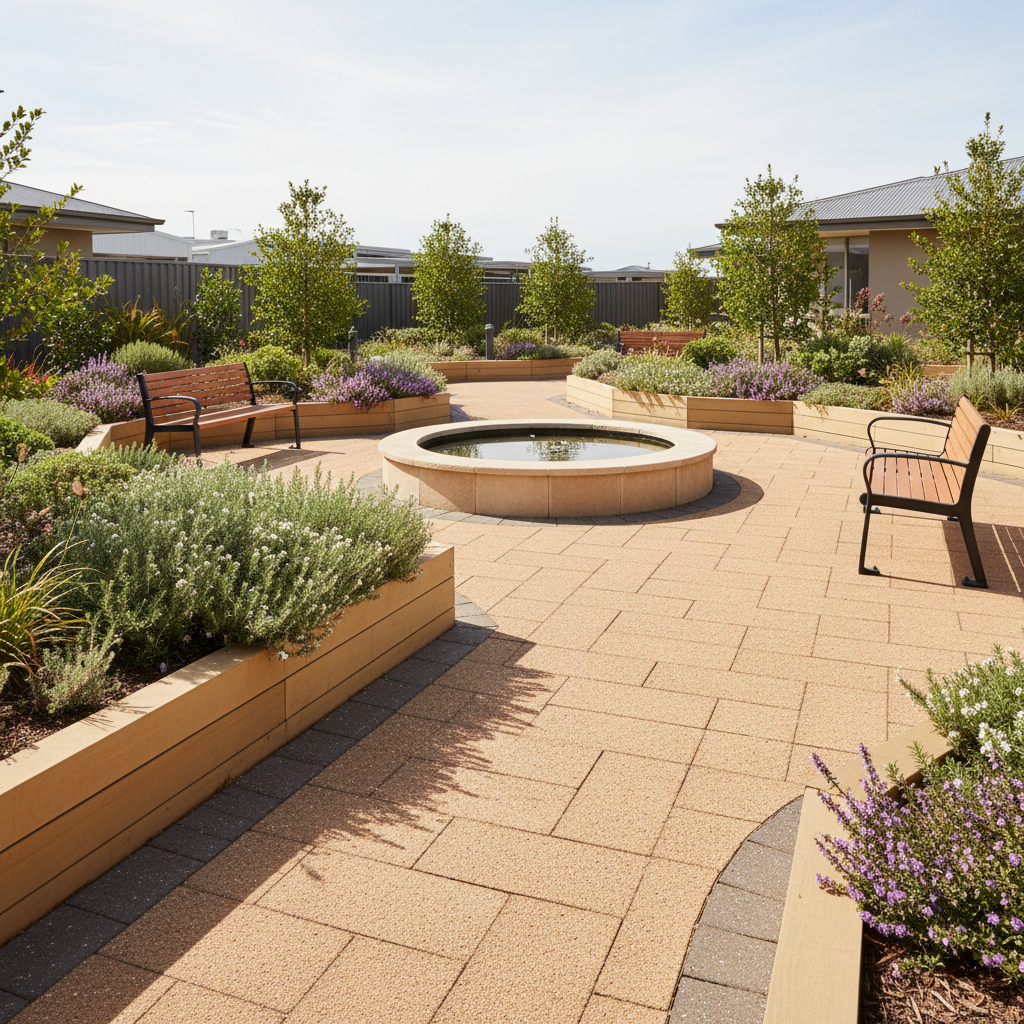 A sunlit coastal garden courtyard within a retirement village, with winding, wheelchair-friendly paved paths in warm stone tones, raised garden beds made from smooth, pale timber, and neatly clipped native plants, including coastal rosemary and flowering westringia. A central water feature, a low circular pond with a simple stone edge, reflects the soft midday sky. Benches with slatted wood and powder-coated steel frames line the paths. Natural overhead light creates crisp yet gentle shadows, emphasizing texture in plants and paving. Photographic realism with an eye-level composition, moderate depth of field, and a calm, restorative atmosphere that highlights outdoor relaxation and accessibility.